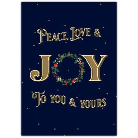 Peace Love and Joy Christmas Card with Festive Wreath Design on Navy Background