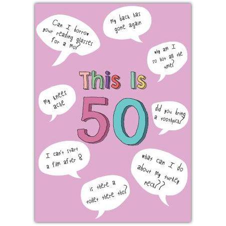 Funny 50th Birthday Card with Humorous Age-Related Quotes on Pink Background