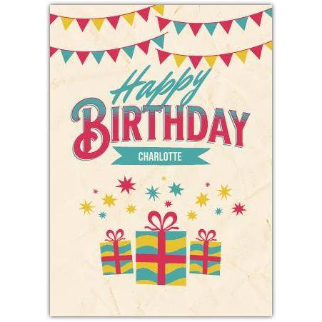 Personalised Happy Birthday Card with Colourful Presents and Bunting for Her or Him