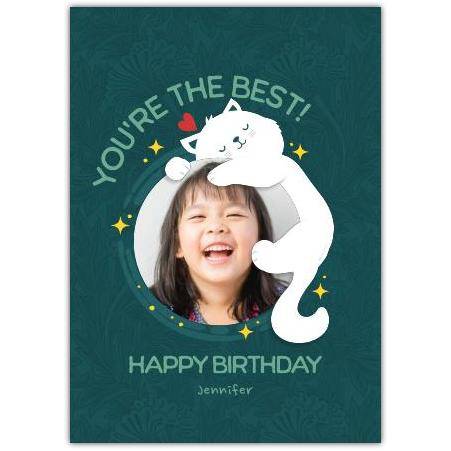 Personalised Happy Birthday Card You're The Best with Cute White Cat and Photo Frame