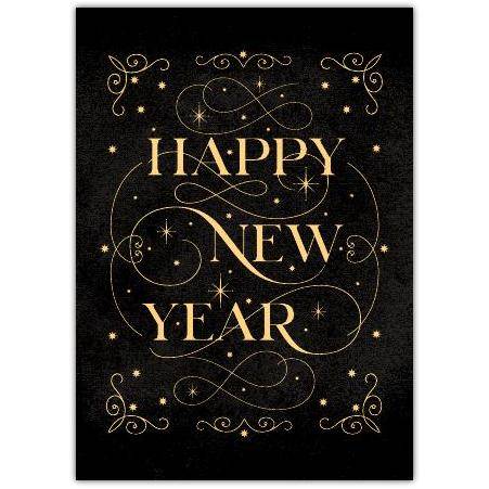 Elegant Happy New Year Greeting Card with Gold Foil and Decorative Swirls on Black Background