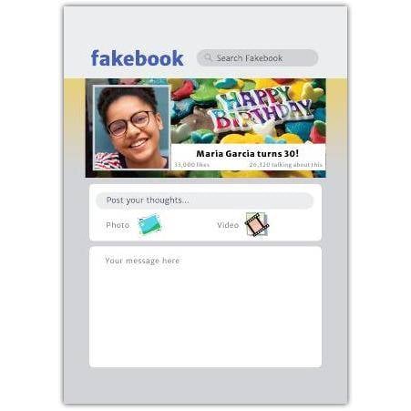Personalised 30th Birthday Card Social Media Fakebook Style with Photo and Message