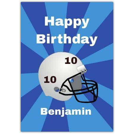 Personalised Boys Birthday Card with American Football Helmet Blue Sunburst Design
