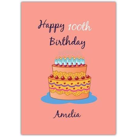 Personalised 100th Birthday Card with Illustrated Cake on Coral Background
