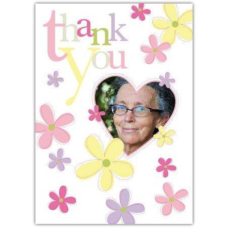 Personalised Thank You Card with Floral Design and Photo Insert in Heart Shape