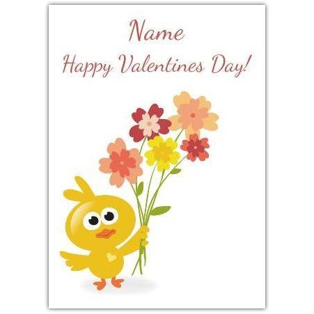Personalised Cute Chick Holding Flowers Happy Valentines Day Card