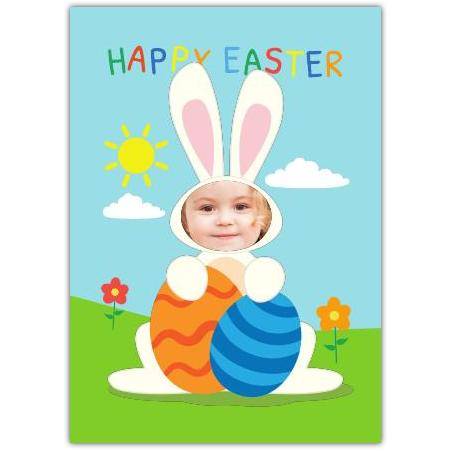 Personalised Happy Easter Card with Bunny and Colourful Eggs Photo Insert