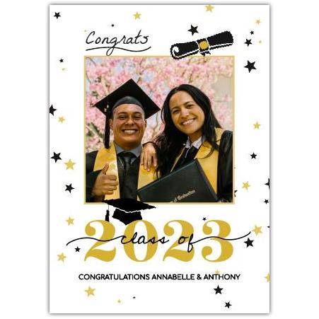 Personalised Class of 2023 Graduation Card with Photo and Congratulations Text in Gold and Black Stars