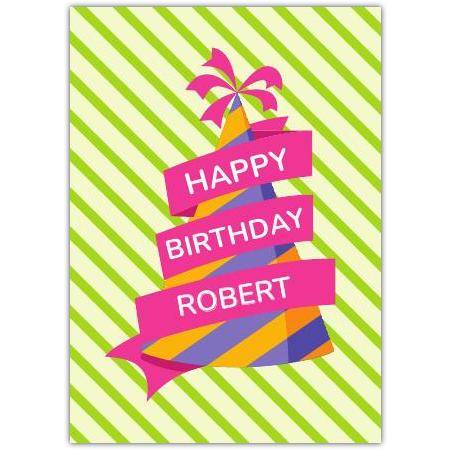 Personalised Birthday Card with Colourful Party Hat on Green Striped Background