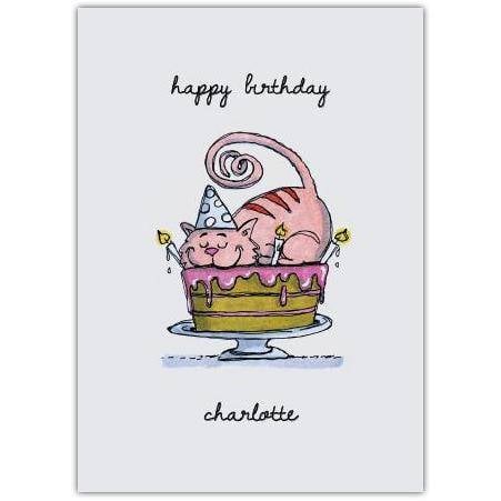 Personalised Happy Birthday Card with Cute Cat on Birthday Cake Design