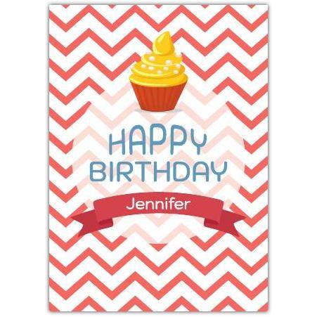 Personalised Happy Birthday Cupcake Card with Red Chevron Pattern for Her