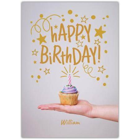 Personalised Happy Birthday Cupcake Card with Gold Foil Stars and Confetti Design
