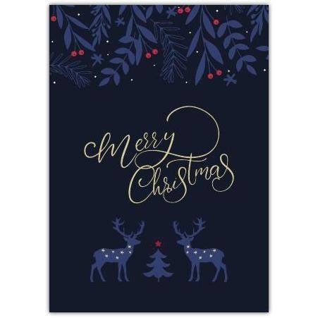 Merry Christmas Blue Deer Family Greeting Card