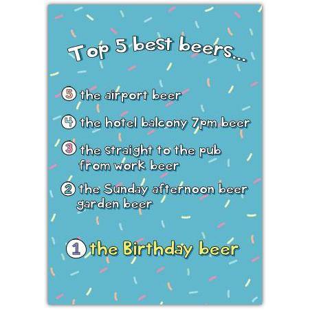 Top 5 Best Beers Humorous Birthday Card with Colourful Sprinkle Design