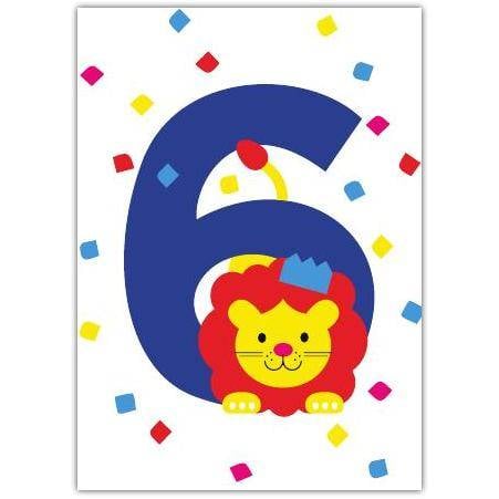 Childrens 6th Birthday Card with Cute Lion and Colourful Confetti Design