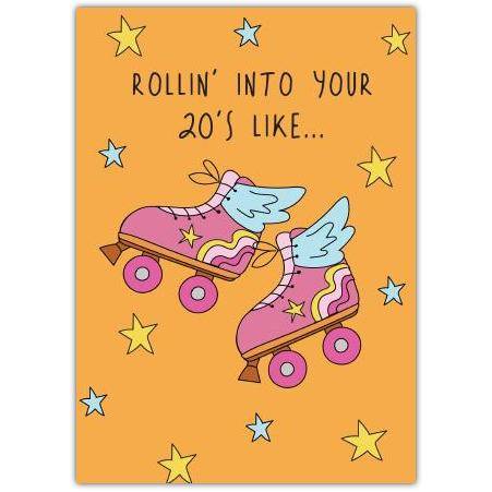 Roller Skates 20th Birthday Card with Fun Winged Design and Stars