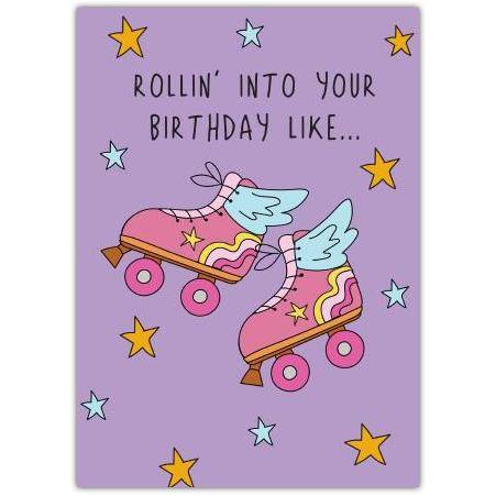 Roller Skates Birthday Card with Retro Wings and Stars Fun Design