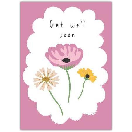 Get Well Soon Floral Illustration Greeting Card with Pink Background and Personalised Message Option