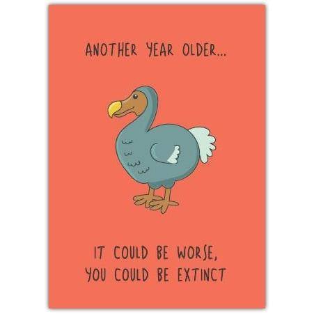 Funny Birthday Card with Dodo Bird Illustration and Humorous Extinct Joke