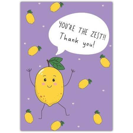 Thank You Card with Cute Lemon Character and You're the Zest Message on Purple Background