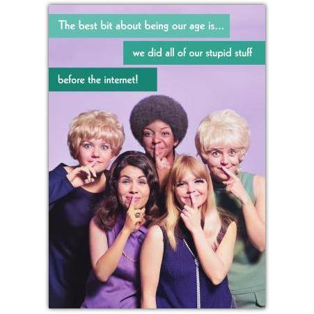 Funny Nostalgic Birthday Card with Vintage Women and Humorous Quote about Age and Internet