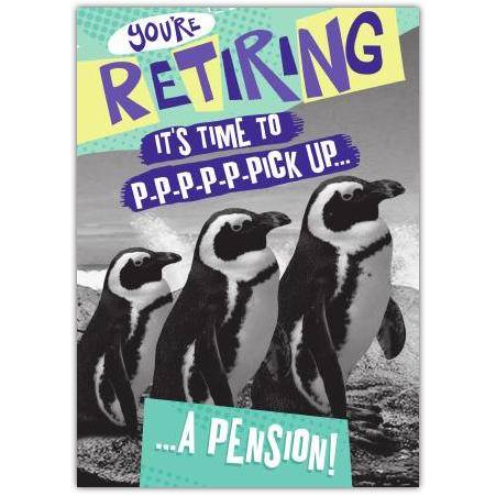 Retirement Card Featuring Penguins with Humorous Pension Message for Work Farewell