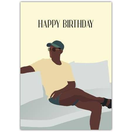 Stylish Relaxed Man Sitting Birthday Card with Minimalist Illustration