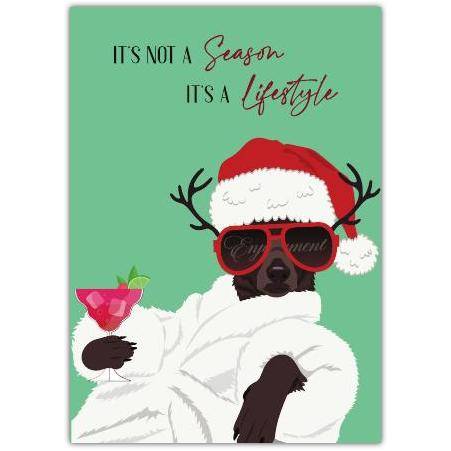 Christmas Humorous Greeting Card with Dog in Santa Hat and Cocktail Lifestyle Design