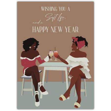 Happy New Year Greeting Card Featuring Two Women Toasting with Drinks Stylish Celebration Design