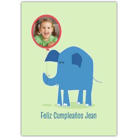Personalised Spanish Happy Birthday Card with Blue Elephant and Photo Balloon for Kids