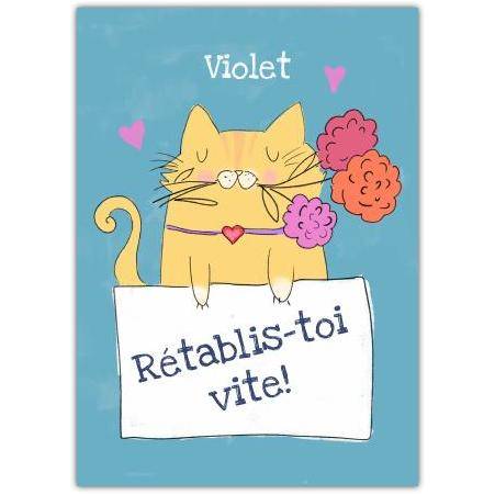 Get Well Soon Cat Holding Flowers Personalised Greeting Card
