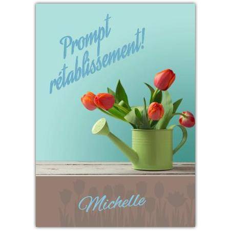 Personalised French Get Well Soon Card with Orange Tulips in Green Watering Can