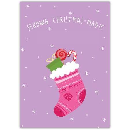 Sending Christmas Magic Pink Stocking Festive Holiday Greeting Card