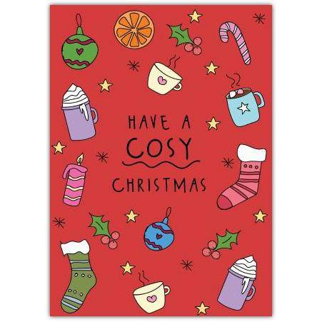 Cosy Christmas Greeting Card with Festive Treats and Stockings Design