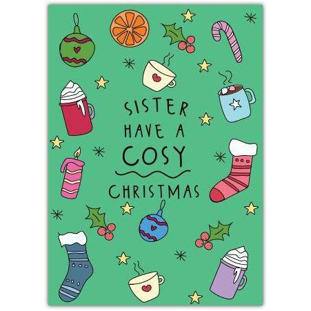 Cosy Christmas Card for Sister with Festive Drinks and Stockings Design