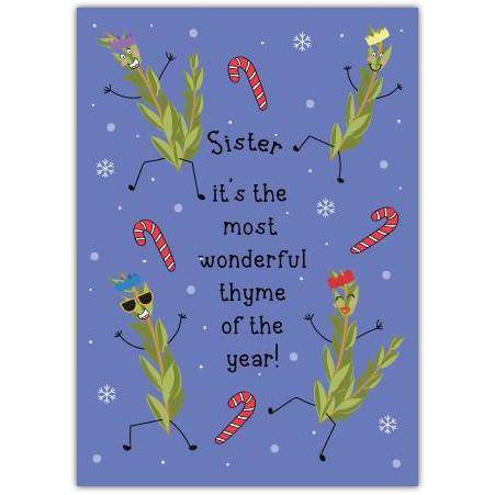 Sister Christmas Card with Dancing Thyme Herbs and Candy Canes Seasonal Greeting