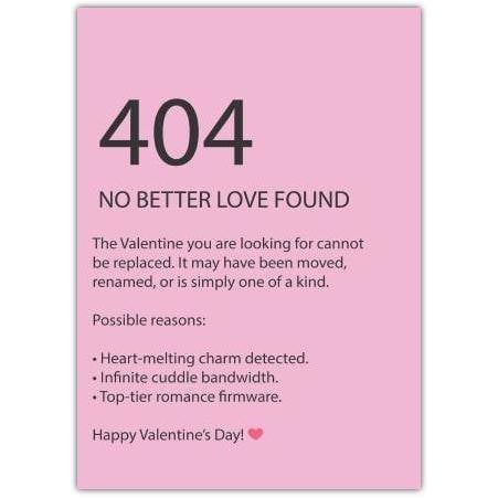 Humorous Tech-Inspired 404 No Better Love Found Valentine’s Day Card with Personalised Message