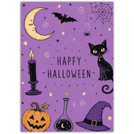 Happy Halloween Purple Cat Witch Moon Pumpkin Card